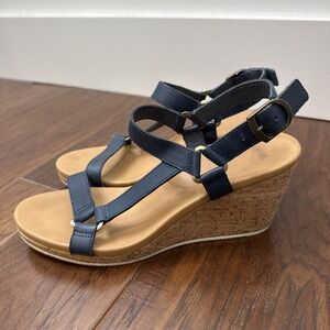 Teva Leather Wedge Cork Sandals Women 9 Blue Outdoors Ankle Strap Coastal Travel
